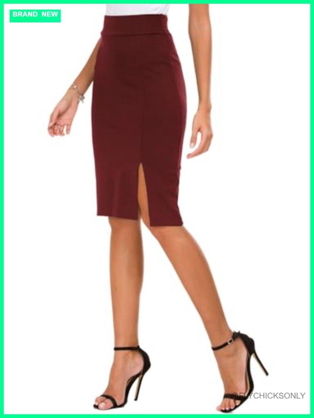 High Waisted Knee Length Pencil Skirt with Side Slit - Stretch Bodycon Midi